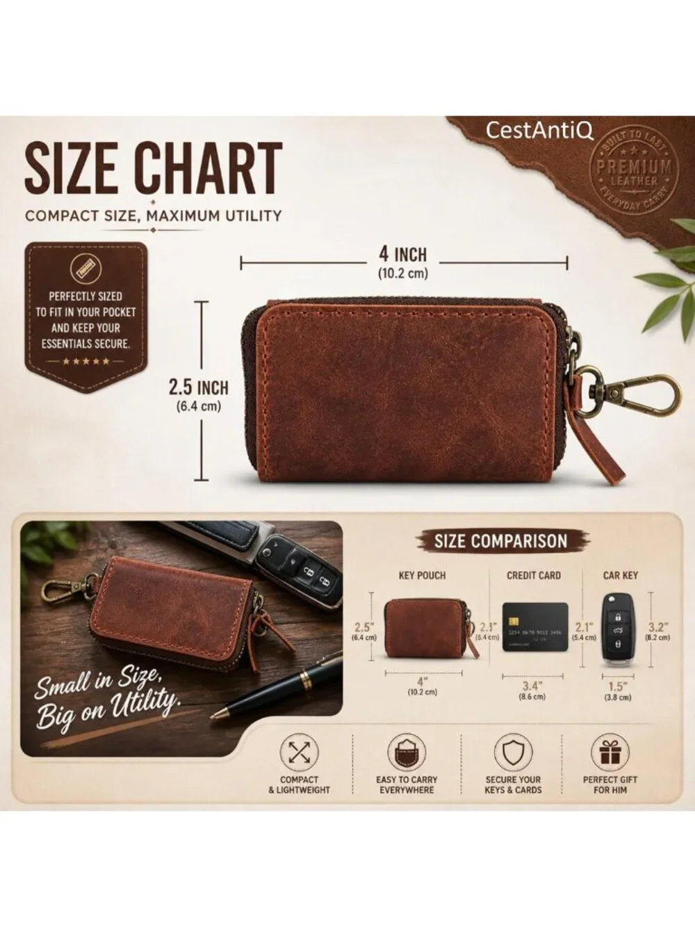 Stylish Leather Coin Purse & Key Pouch with Zipper and Belt Loop - Perfect for